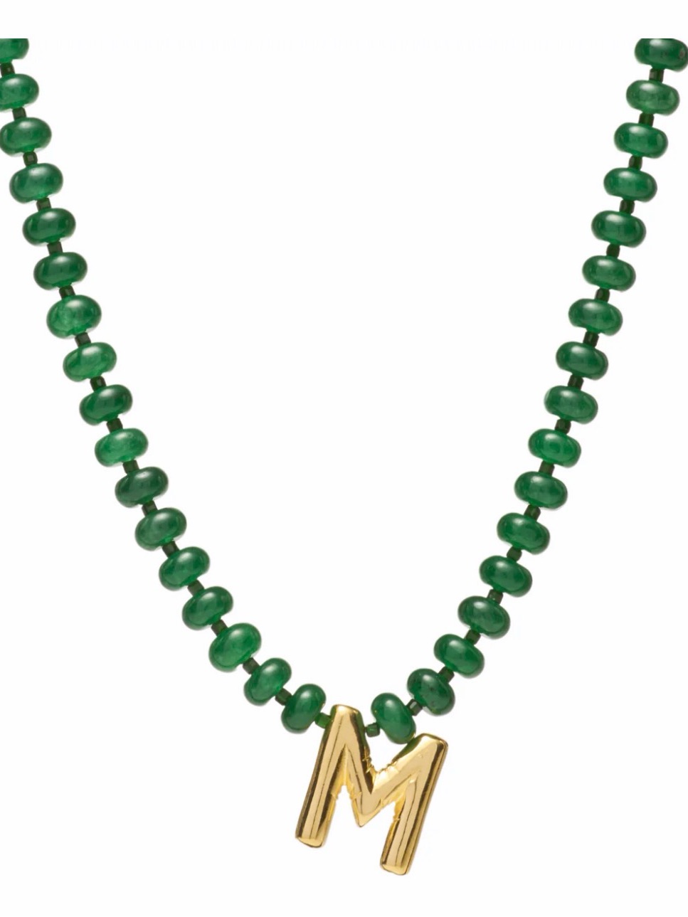 Mayamar Gold M Initial Necklace With Dark Green Jade Beads